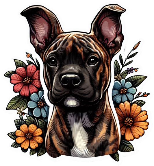 2" Brindle Dog with Flowers Sticker